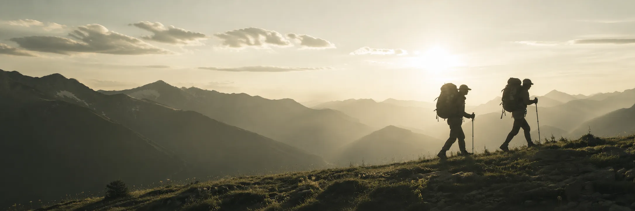 Two hikers with backpacks walking on a mountain ridge at sunset with distant mountain ranges in background.