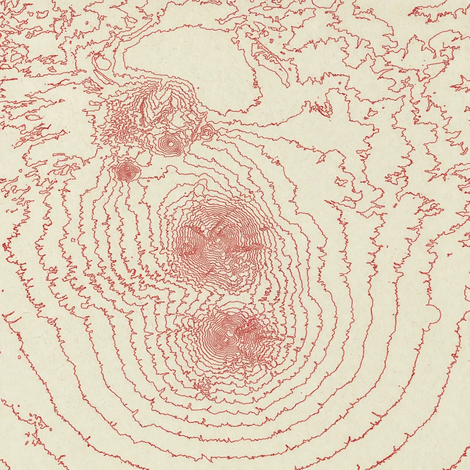 Red contour lines on beige background forming topographic map of mountainous terrain.
