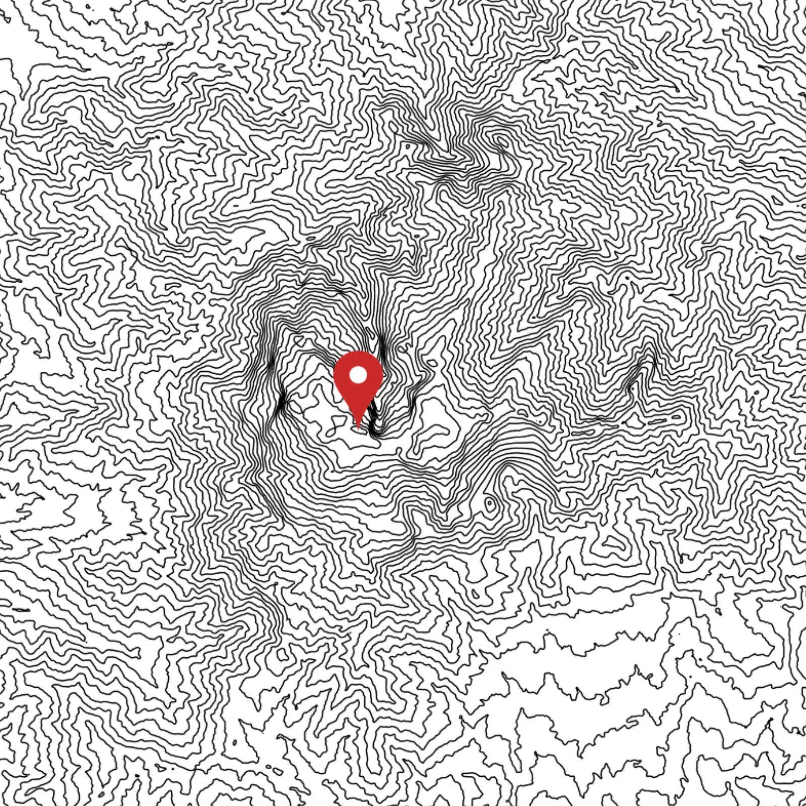 Black and white topographic map with a red location pin marking a central area.