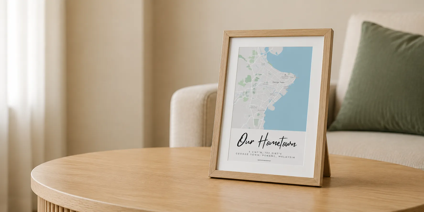 Framed map labeled Our Hometown showing George Town, Penang, Malaysia on a wooden table.