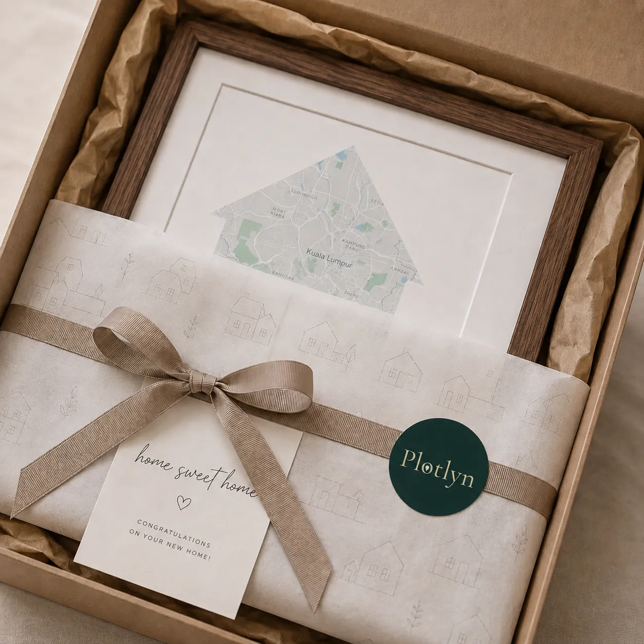 Gift box with wrapped framed map of Kuala Lumpur and a card reading 'home sweet home'