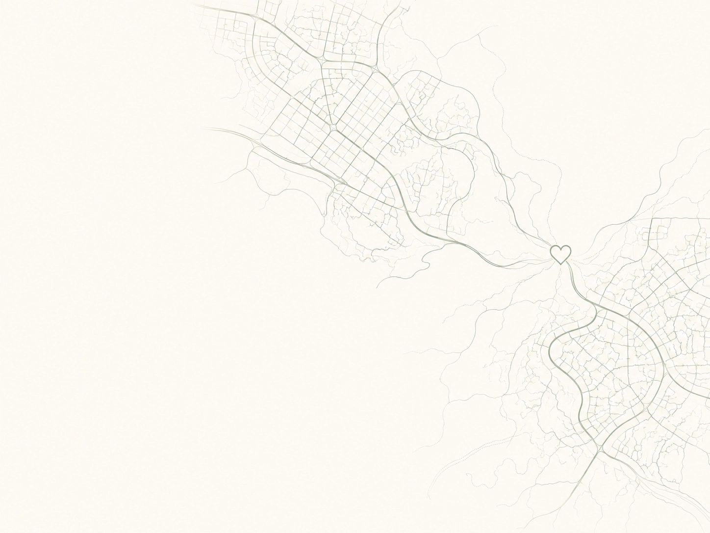 Light beige map outline with roads converging at a heart-shaped intersection near the center right.