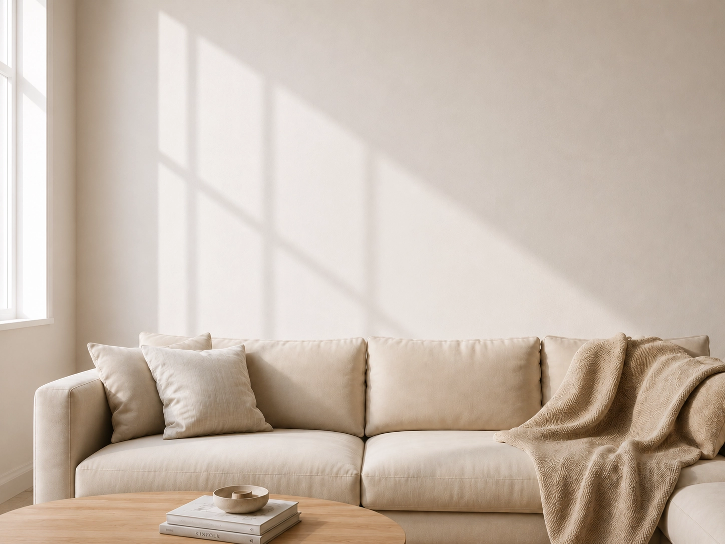 Beige modern sofa with pillows and blanket under wall art with map and quote in bright living room.