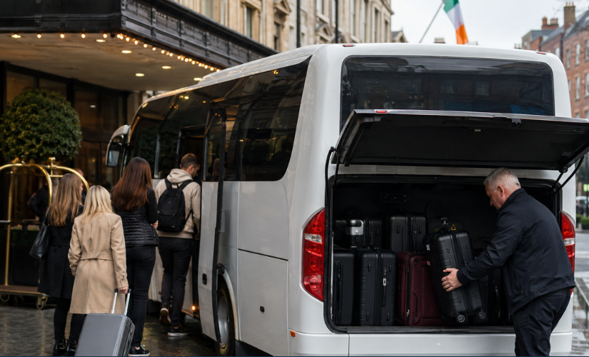 Dublin Minicoach Hire driver loading luggage for an airport transfer outside a Dublin hotel