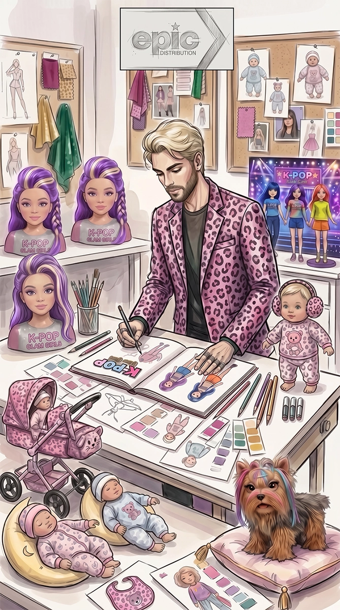 Illustration of Michael Rothling wearing a pink leopard print jacket, sitting at a desk sketching K-Pop doll designs with colorful pencils, paints, and fabric samples around him, surrounded by doll heads labeled 'K-POP GLAM GIRL', a baby doll wearing pink animal-themed pajamas, sleeping dolls in pajamas, a doll stroller, and a small dog with a decorated hairstyle sitting on a pink cushion, with design inspiration boards featuring baby clothes and doll outfits in the background.