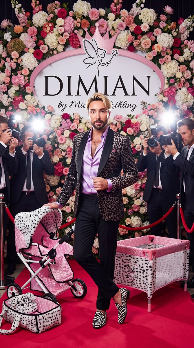 Fashionably Michael Rothling with blonde hair and a leopard print jacket stands on a red carpet surrounded by photographers with flashing cameras in front of a floral wall display that reads 'DIMIAN by Michel Rothling.' He is next to pink and dalmatian-spotted baby gear including a stroller, playpen, and a bag.