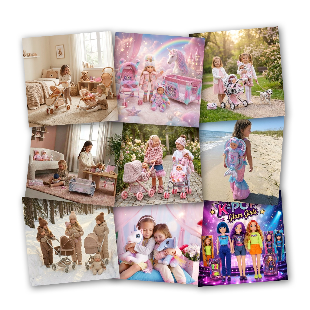 Collage of images featuring children playing with dolls and toys in various settings including indoors, outdoors, and snowy environments; some dolls are in strollers or backpacks, and one image shows dolls with a unicorn and rainbow background.