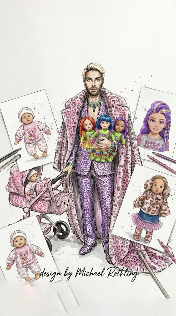 Illustration of a fashionable Michael Rothling wearing a pink leopard-print coat and matching purple leopard-print suit, holding three colorful dolls dressed in green tops and rainbow-striped skirts, surrounded by sketches and images of various dolls and doll accessories including strollers and outfits.