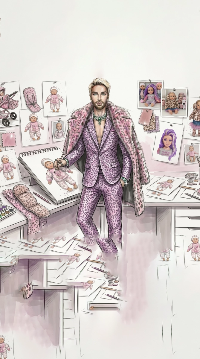 Michael Rothling sketching a baby doll outfit at a drawing table, wearing a pink leopard print suit with matching coat draped over shoulders and a green necklace, surrounded by doll photos and fabric swatches pinned to the wall.