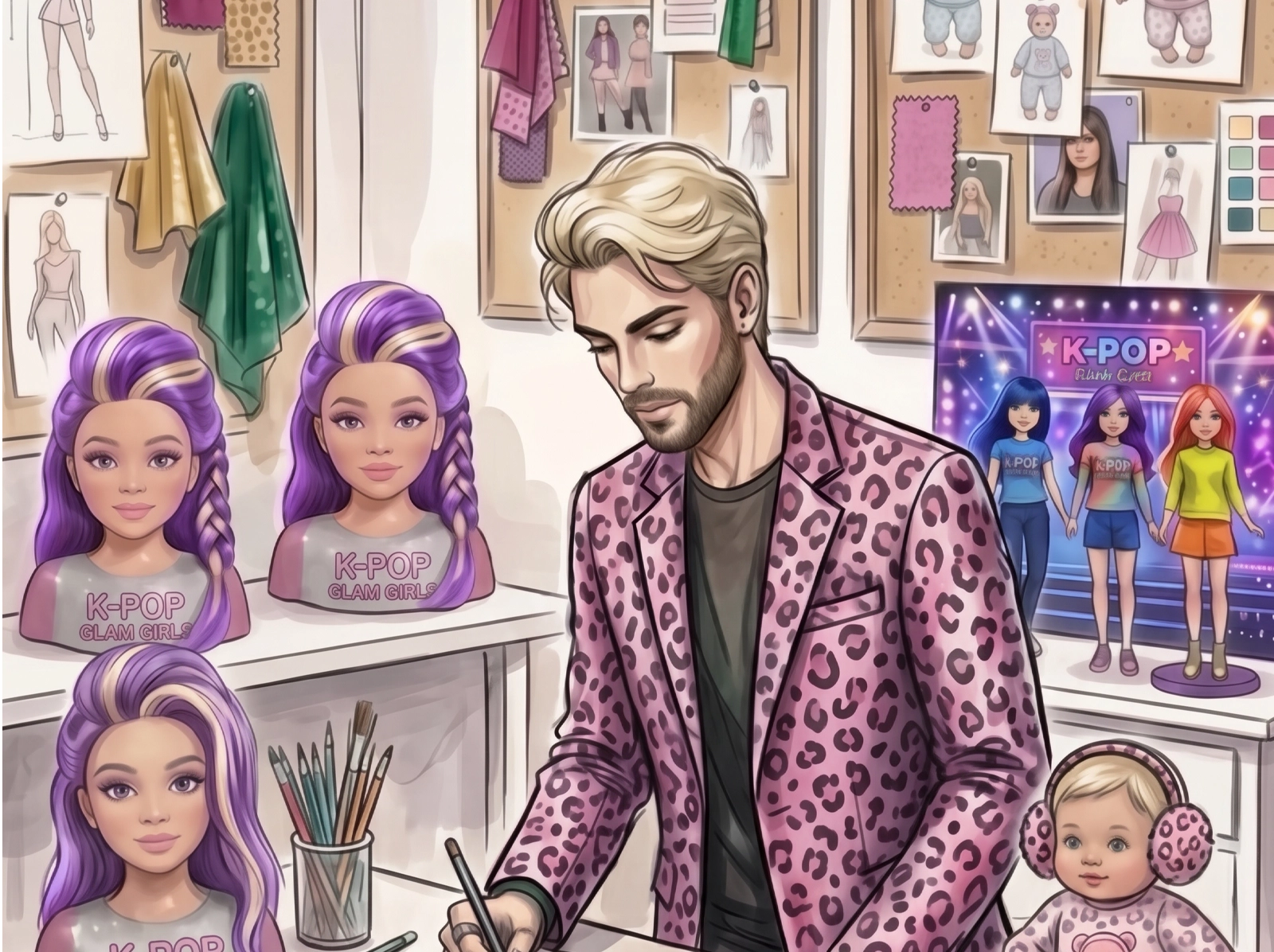 Michael Rothling wearing a pink leopard print blazer working at a desk with painted doll heads labeled 'K-POP GLAM GIRLS' and paintbrushes; a small child wearing matching pink leopard print earmuffs and outfit sits nearby; background includes sketches of dolls and a poster showing three dolls labeled 'K-POP'.