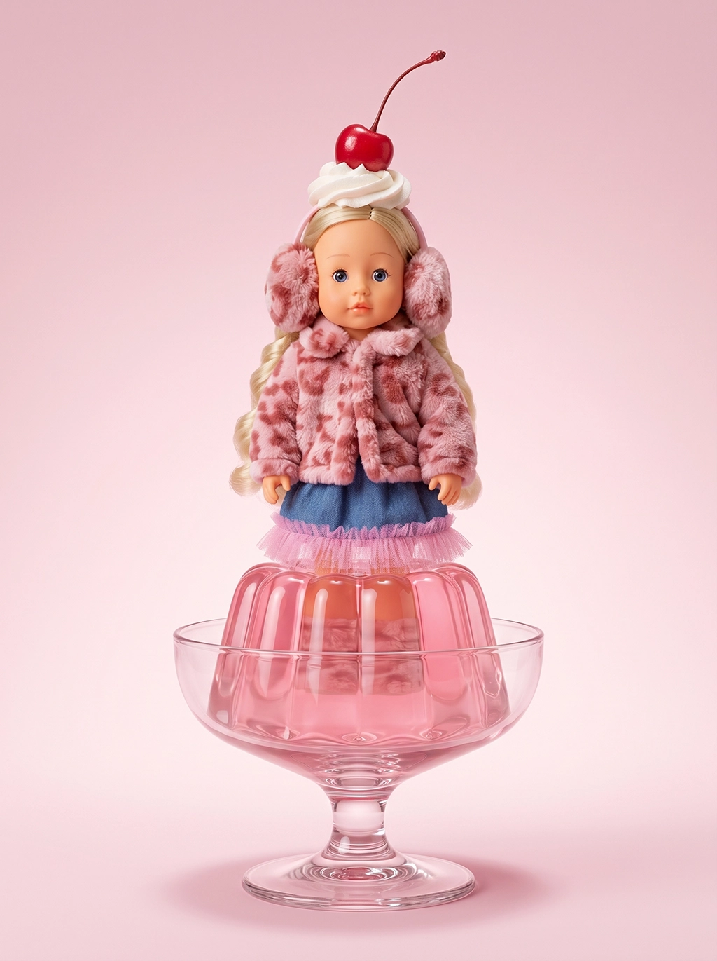 A doll with blonde hair wearing pink fuzzy earmuffs and a matching pink fuzzy jacket stands on top of pink gelatin in a clear glass dessert dish, with a whipped cream and cherry headband on a pink background.