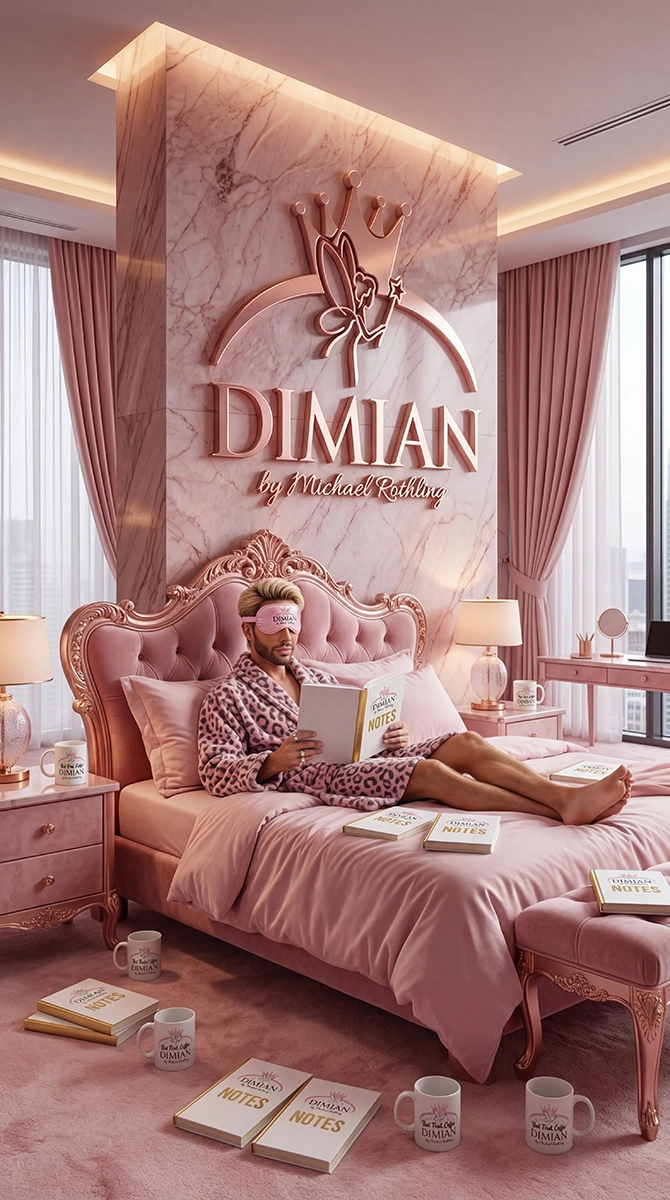 Michael Rothling in a pink leopard print robe and matching sleep mask sits on an ornate pink bed reading a book titled 'DIMIAN NOTES' in a pink-themed bedroom with pink curtains, bedding, furniture, and several copies of the same book and coffee mugs with the DIMIAN brand logo scattered on the bed and floor, under a large wall sign displaying the DIMIAN logo and 'by Michael Rothling'.