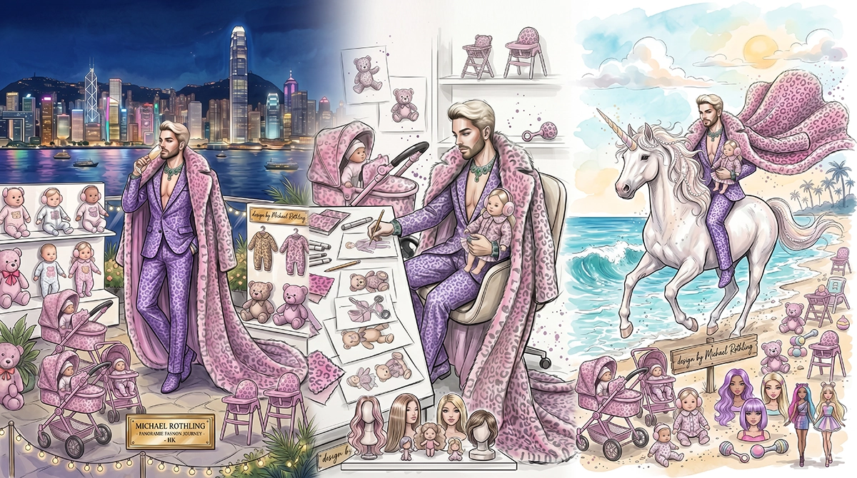 Illustration of Michael Rothling in a purple suit and pink leopard print cape designing and showcasing baby doll clothes and accessories, set against a city skyline, a beach with a unicorn, and various baby dolls, strollers, teddy bears, and hairstyles.
