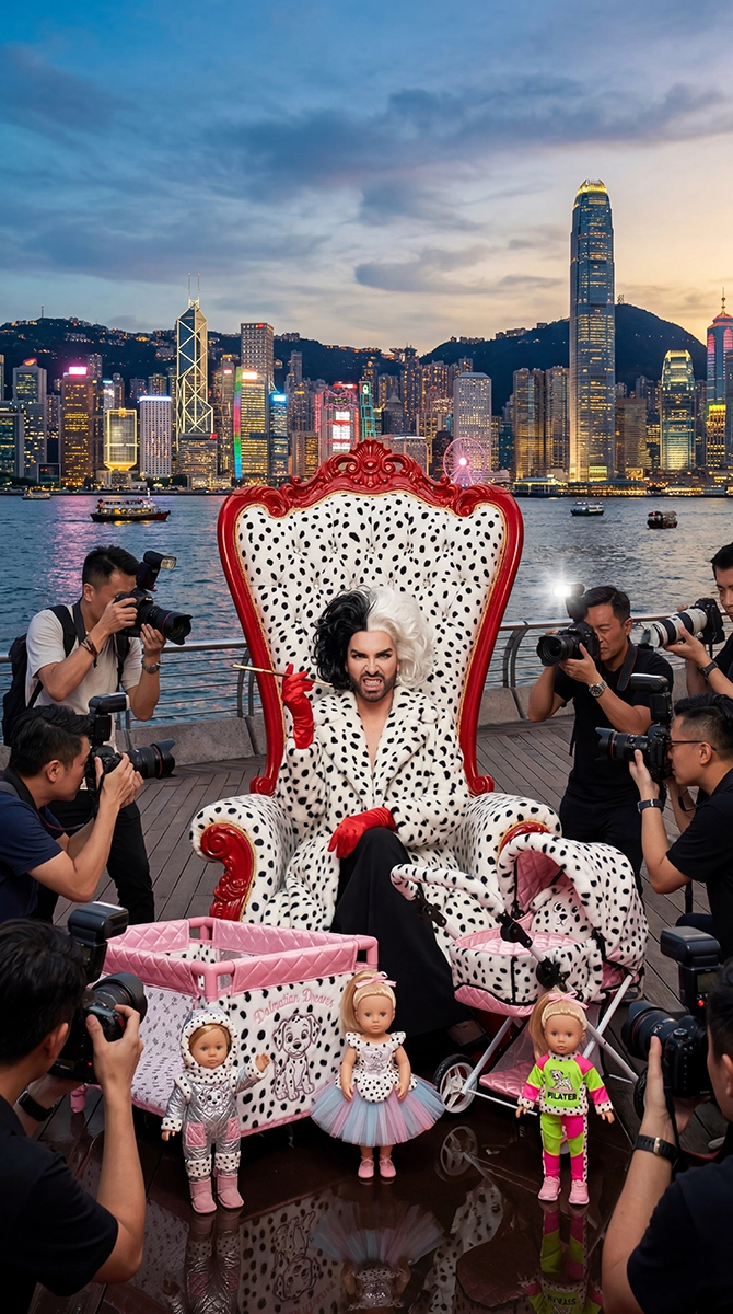 Michael Rothling dressed as Cruella de Vil in a Dalmatian-spotted coat and gloves, holding a cigarette holder, seated on a matching ornate red and white chair near a waterfront. Around them are photographers taking pictures and three dolls dressed in colorful and Dalmatian-themed outfits, along with a pink stroller and playpen. The backdrop features a city skyline at dusk with illuminated skyscrapers and a ferris wheel across the water.