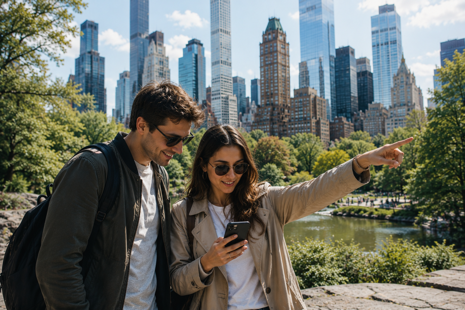 Two people exploring Central Park while looking at a phone, with the Manhattan skyline behind them