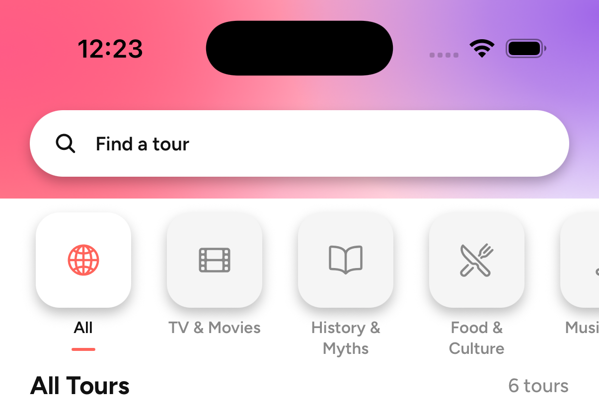 The Cuyo app's Explore screen: a search bar, tour categories, and tour list on a warm coral gradient