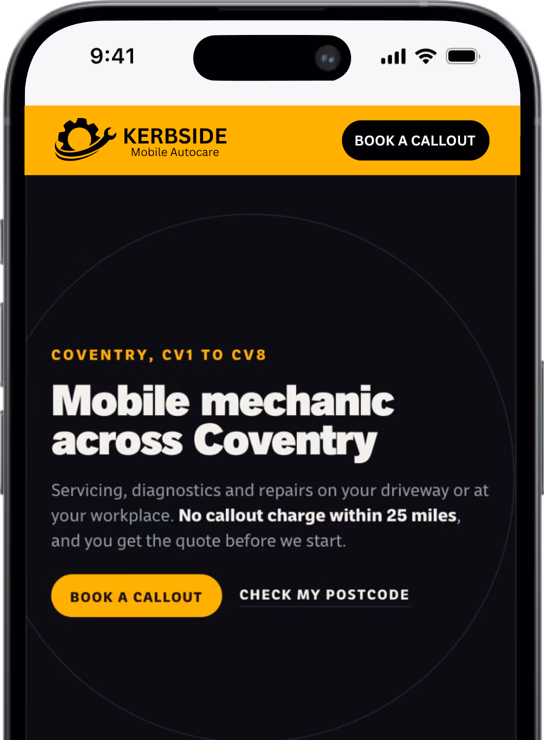 The Kerbside Mobile Autocare homepage on a phone: 'Mobile mechanic across Coventry', with a callout button.