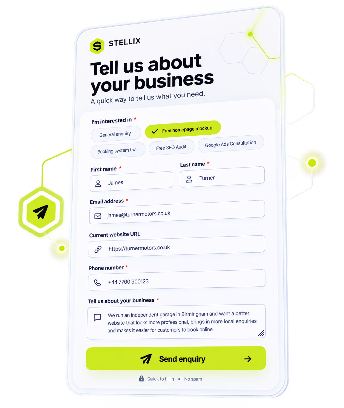 A Stellix enquiry form headed 'Tell us about your business', with 'Free homepage mockup' selected.
