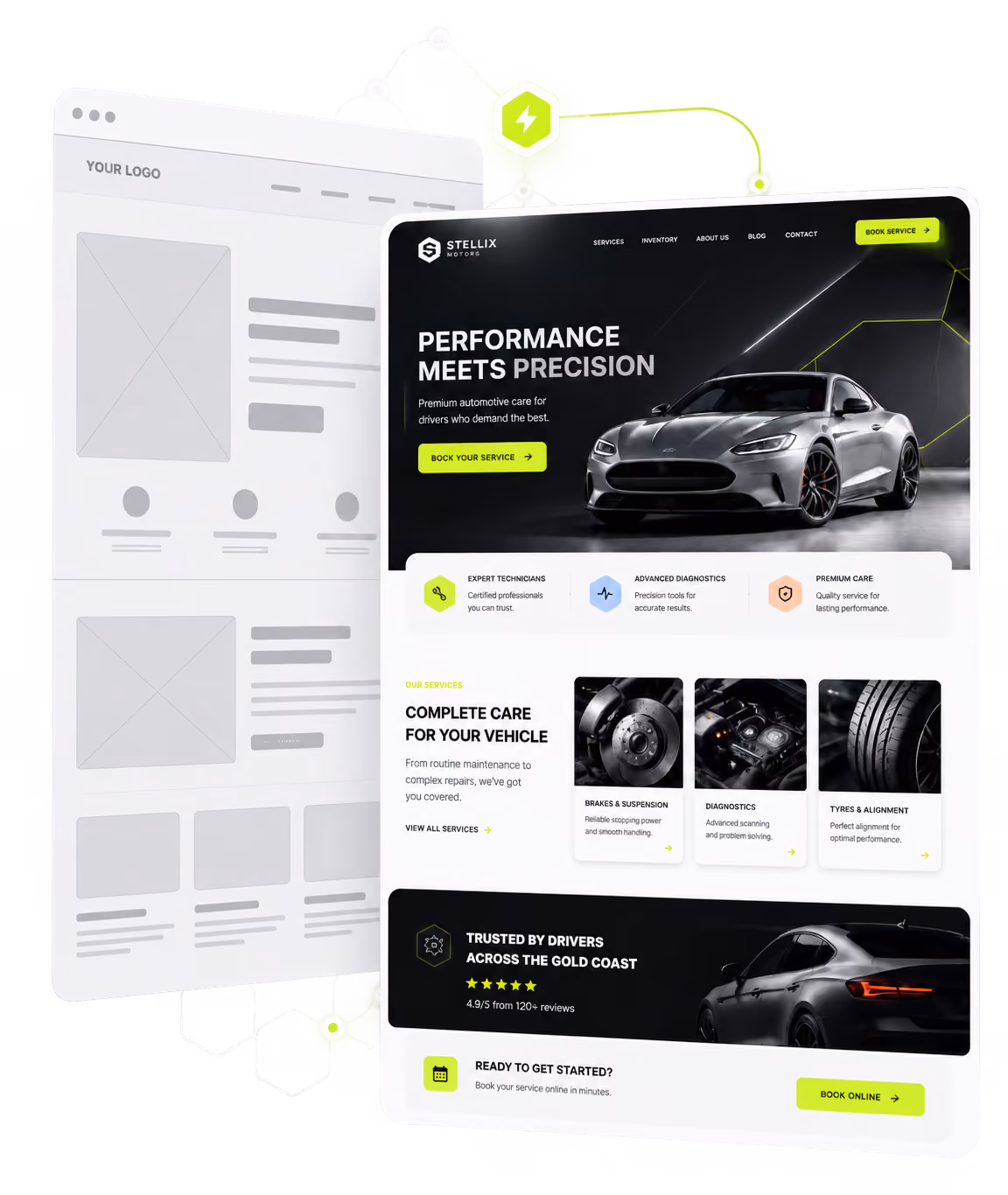 A grey wireframe beside the finished Stellix Motors homepage design it became.