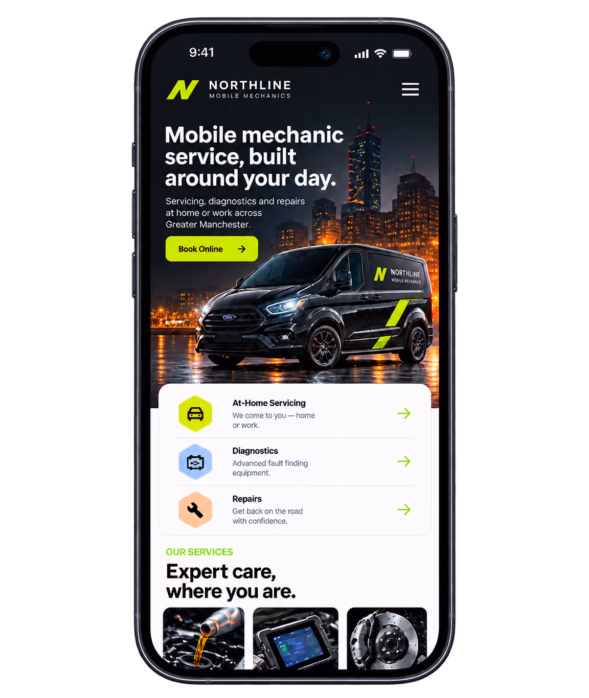 The Northline Mobile Mechanics homepage on a phone, offering at-home servicing, diagnostics and repairs.
