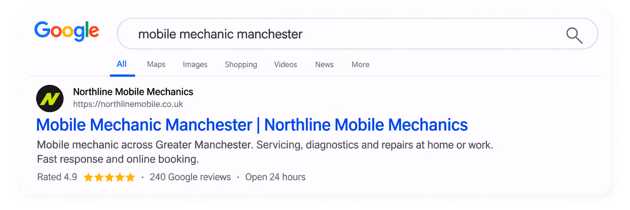 Small card displaying a mobile mechanic ranking number one on Google search.