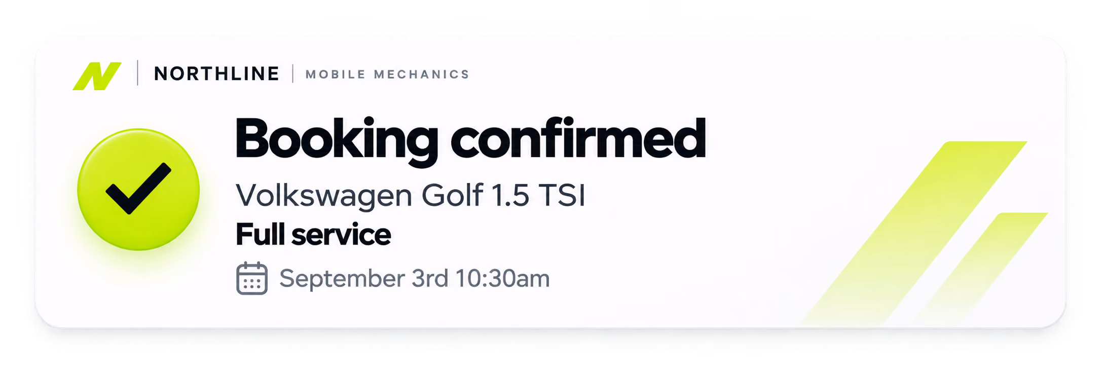 Small card displaying booking confirmation for a mobile mechanic.