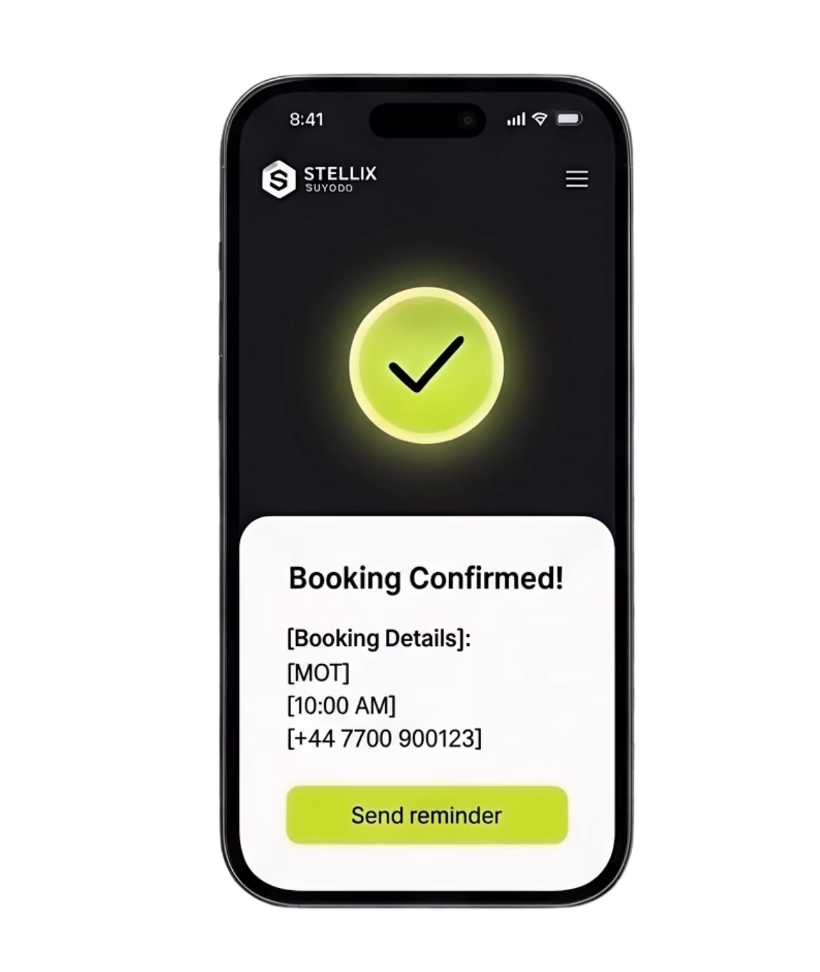 A phone showing a confirmed MOT booking for 10:00am, with a green tick and a button to send the customer a reminder