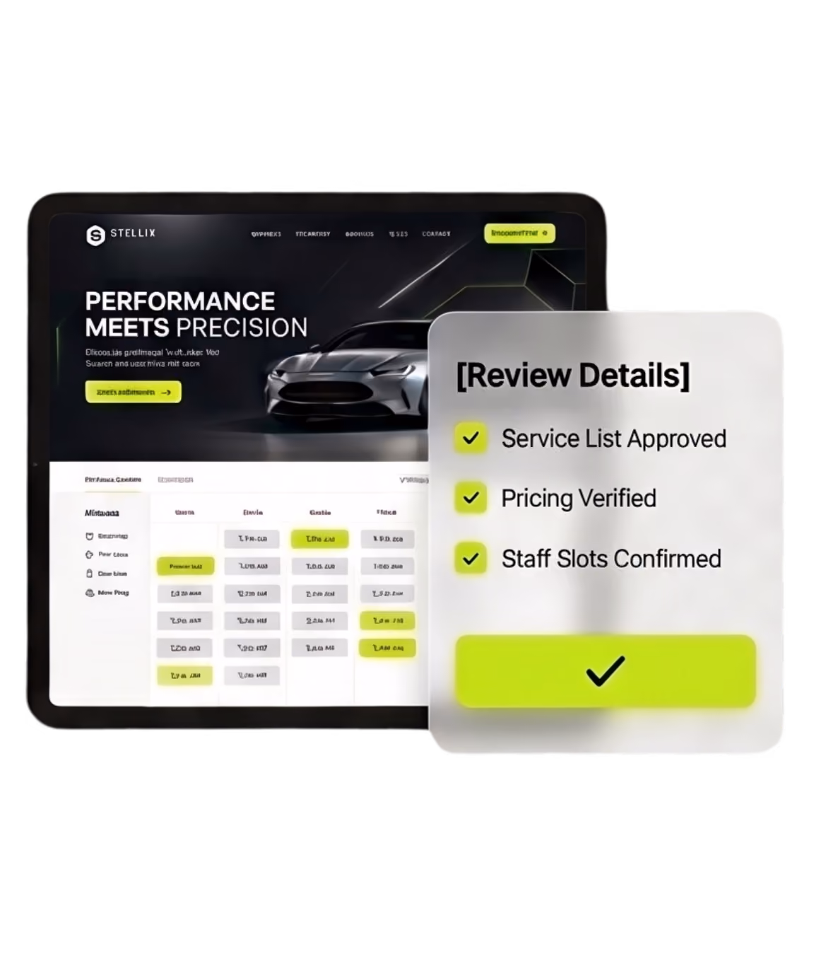 A tablet showing a garage website with its service and pricing table, beside a review panel ticking off service list, pricing and staff slots.
