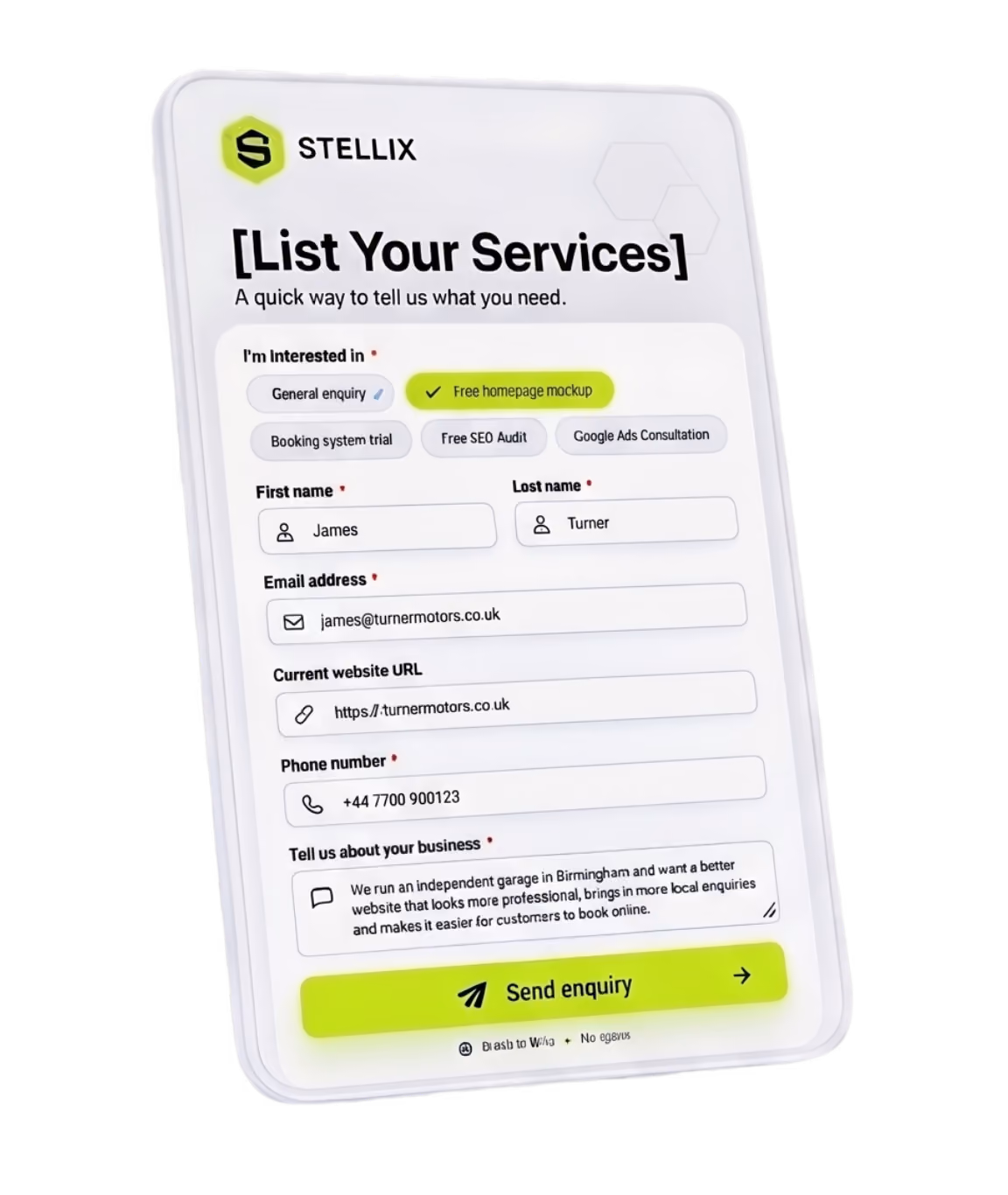 A Stellix enquiry form filled in on a tablet, with "Free homepage mockup" selected and a garage's contact details entered