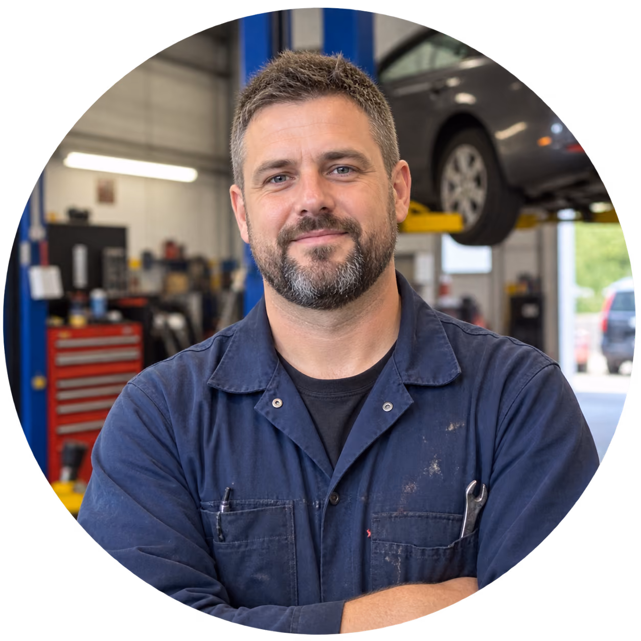 A mechanic in a navy boiler suit, arms folded, in front of a car raised on a workshop lift.