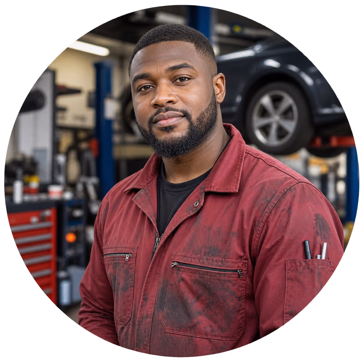 A mechanic in a red boiler suit standing in a garage workshop, a car raised on a ramp behind him.