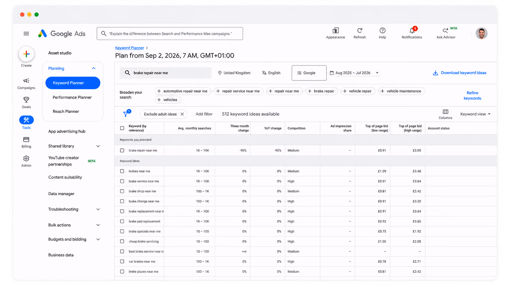 Google Ads Keyword Planner listing 'brake repair near me' keyword ideas with monthly searches and top-of-page bids.