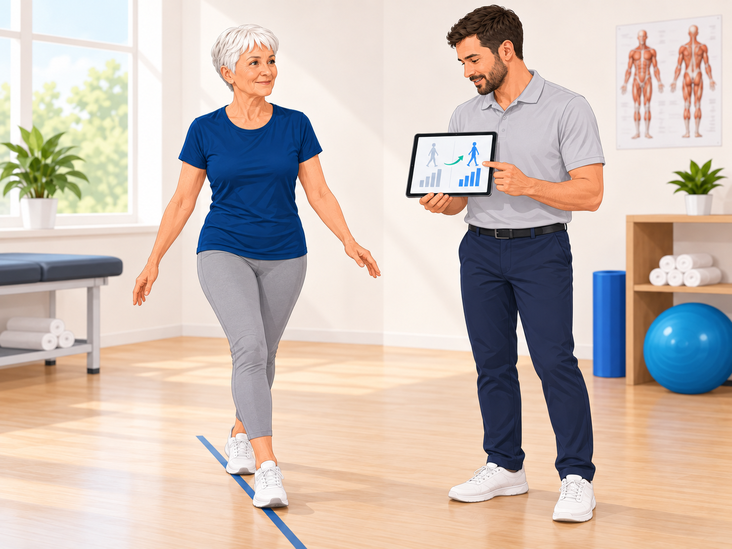 Kinésithérapeute évaluant l’évolution de l’équilibre d’une patiente senior.
