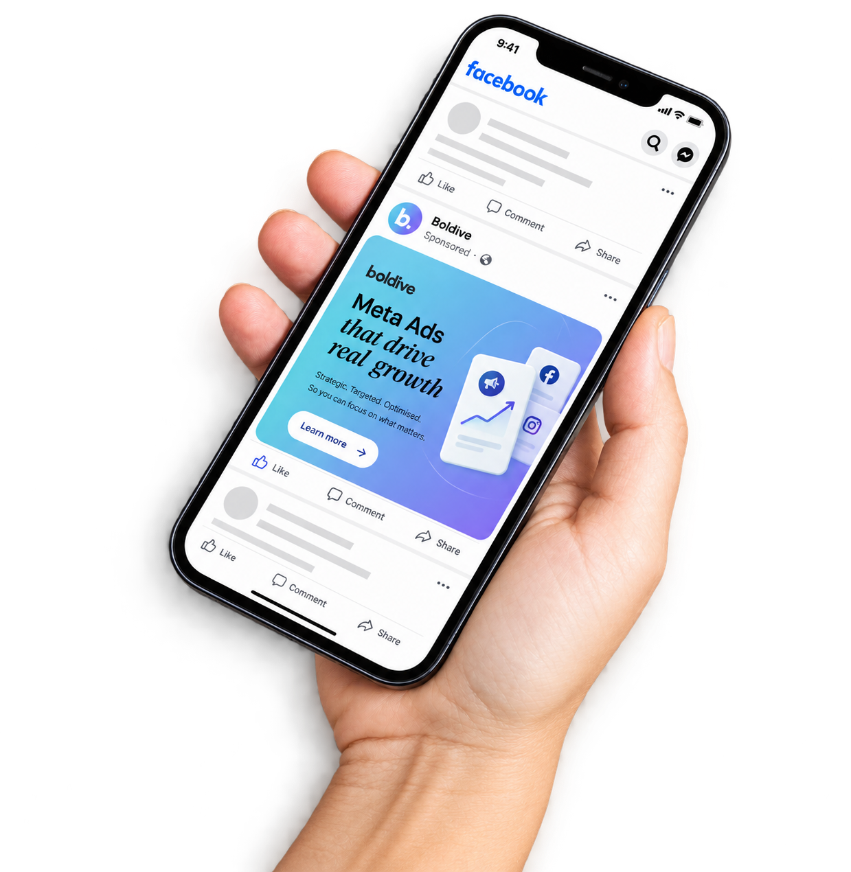 a hand holding a phone with facebook feed open