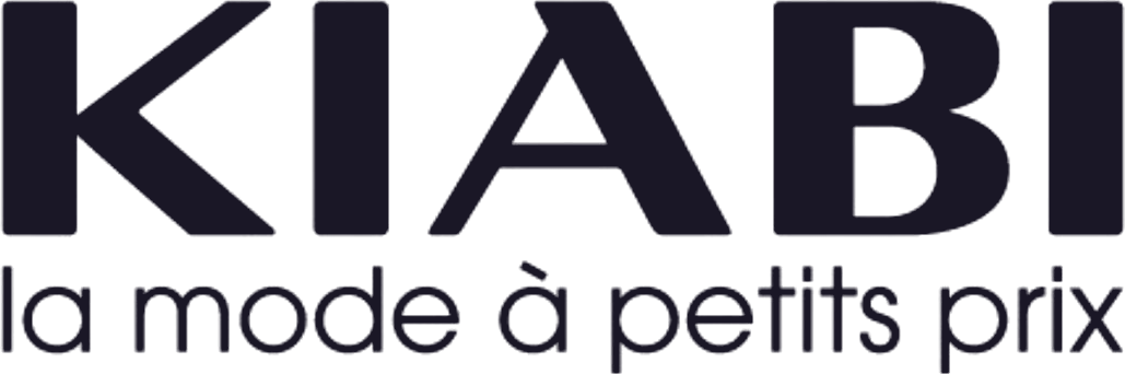 Logo Kiabi en blanc sur fond bleu marine, texte en lettres minuscules simples.