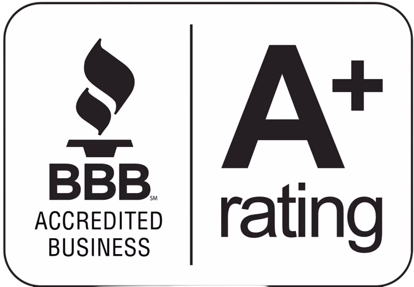 BBB Accredited Business logo with an A+ rating symbol on a white background.