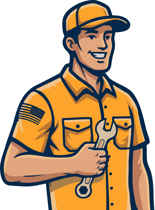 Smiling mechanic in orange shirt and cap holding a wrench with an American flag patch on sleeve.
