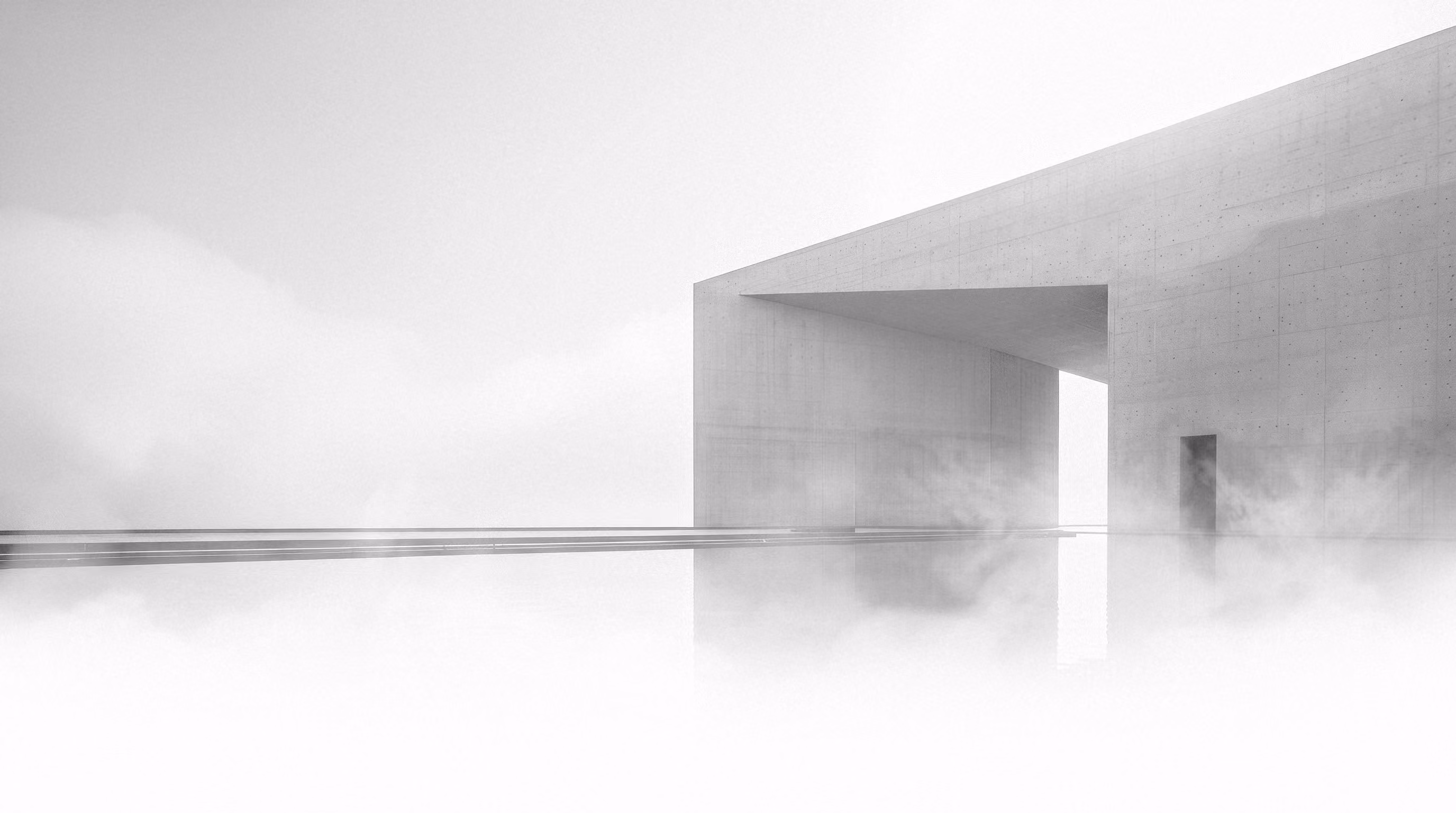 Structure architecturale moderne en béton avec une grande ouverture surplombante, reflet dans une surface d'eau calme avec brouillard léger autour.