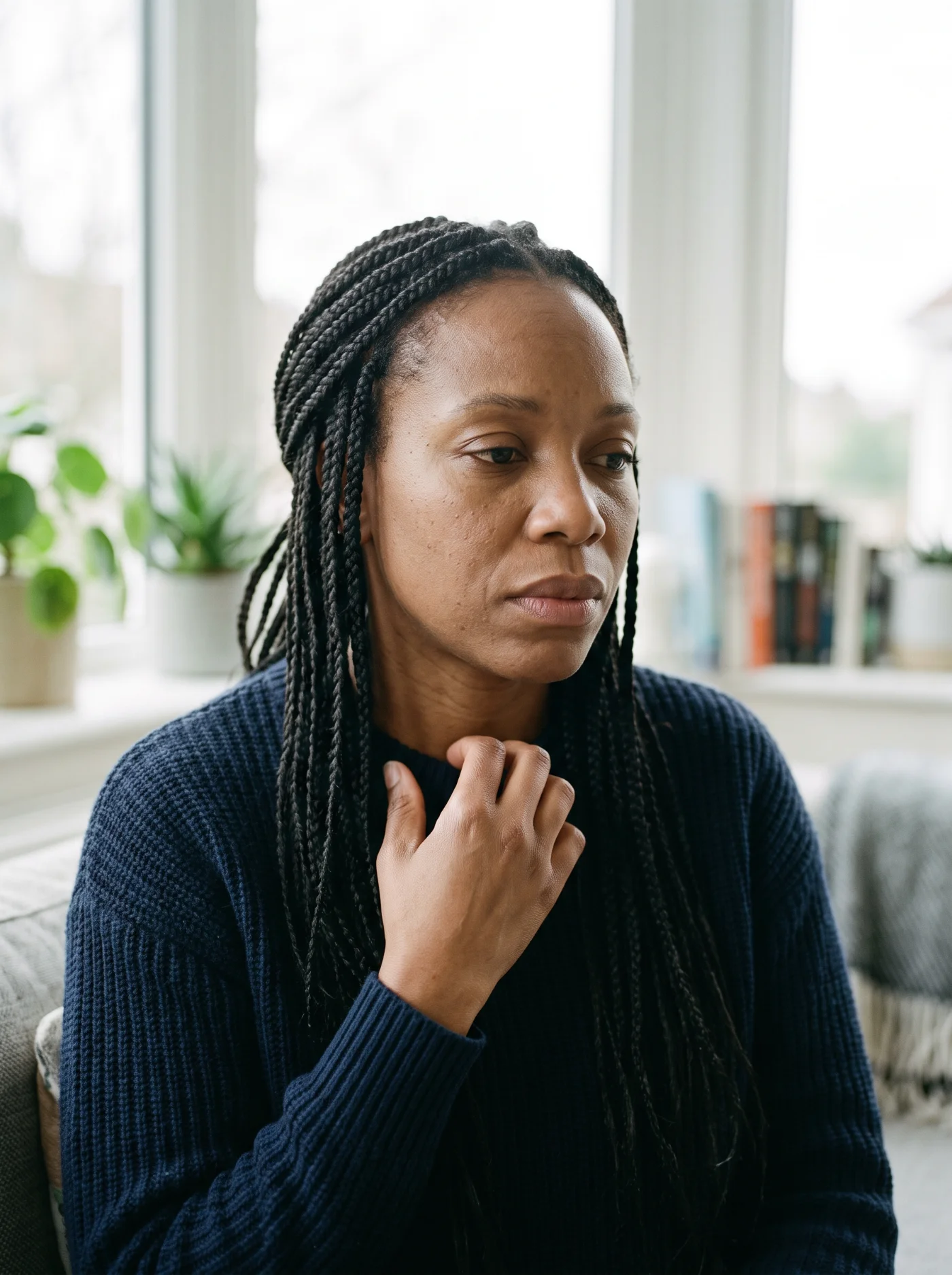 Woman feeling anxious, hand near chest