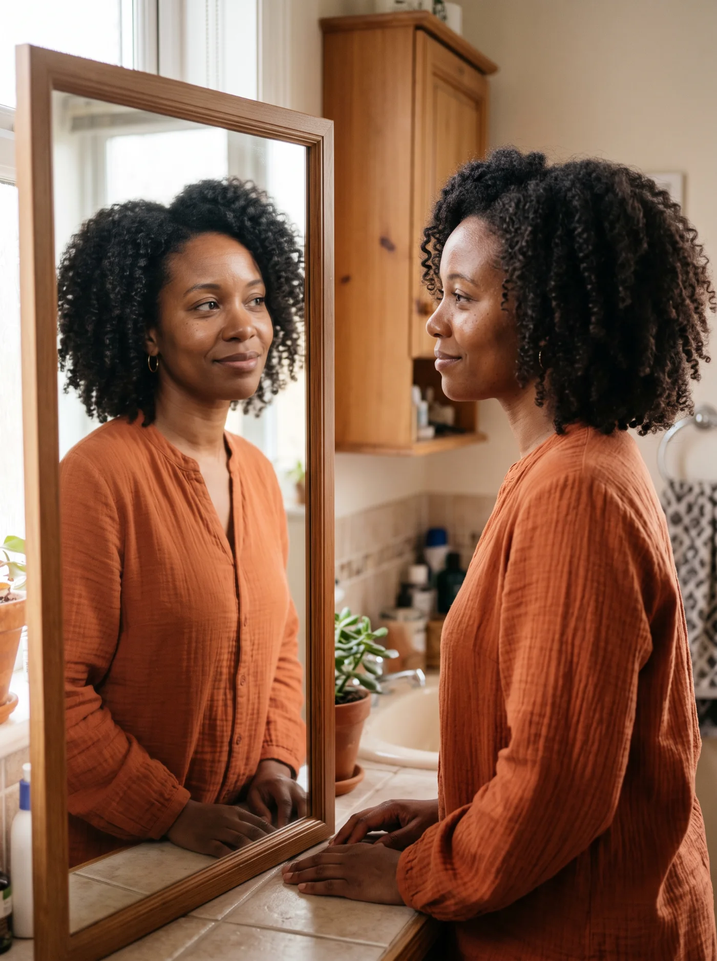 Woman meeting her own eyes gently in a mirror