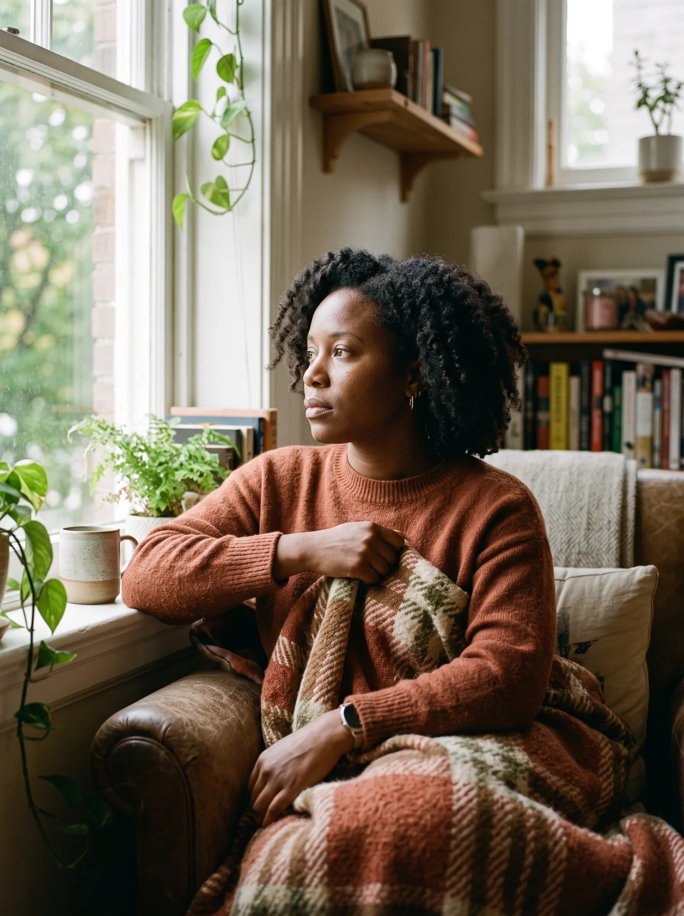 Woman with a far-away protective look