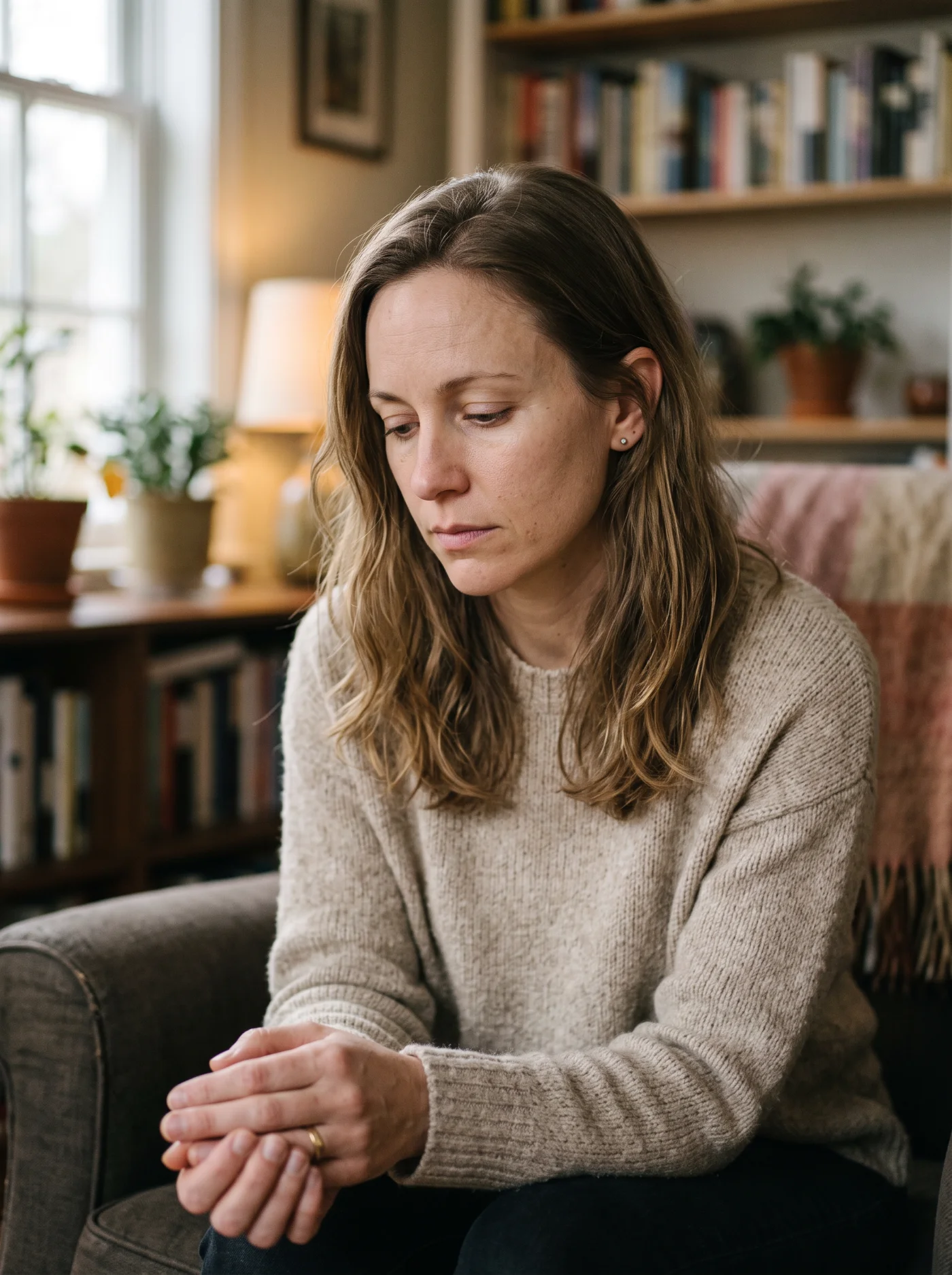 White woman in a quiet, guarded moment
