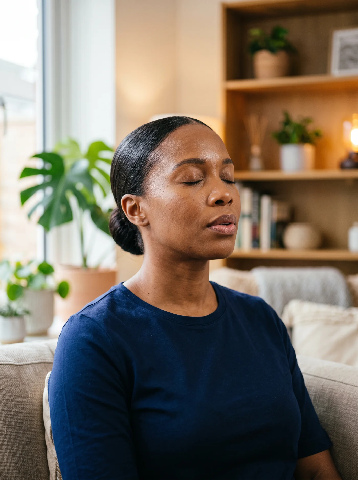 Black woman in her mid-30s at peace, eyes gently closed taking a calm breath