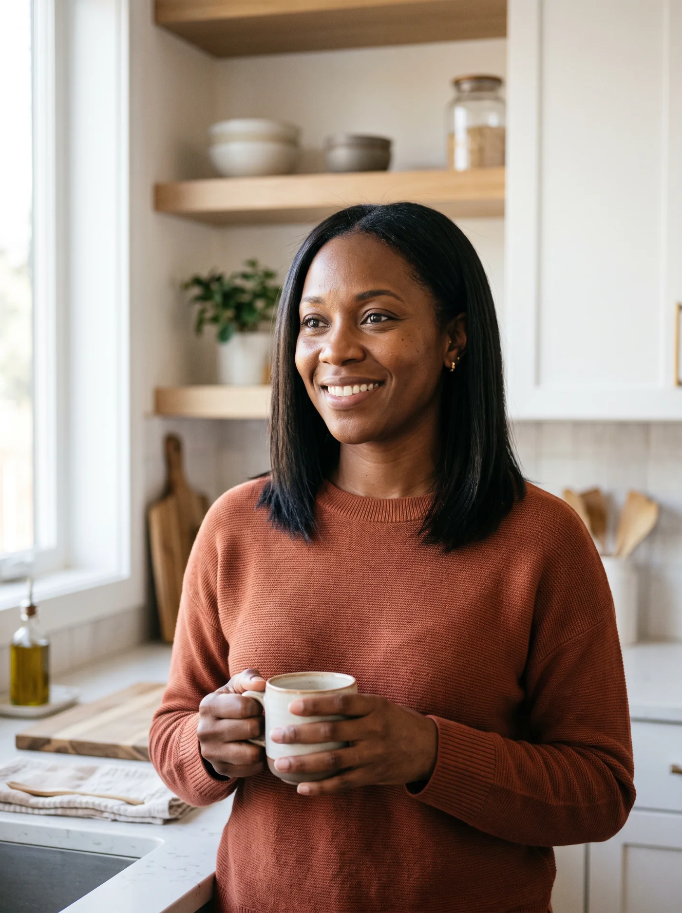 Black woman in a modern kitchen, hopeful and at peace