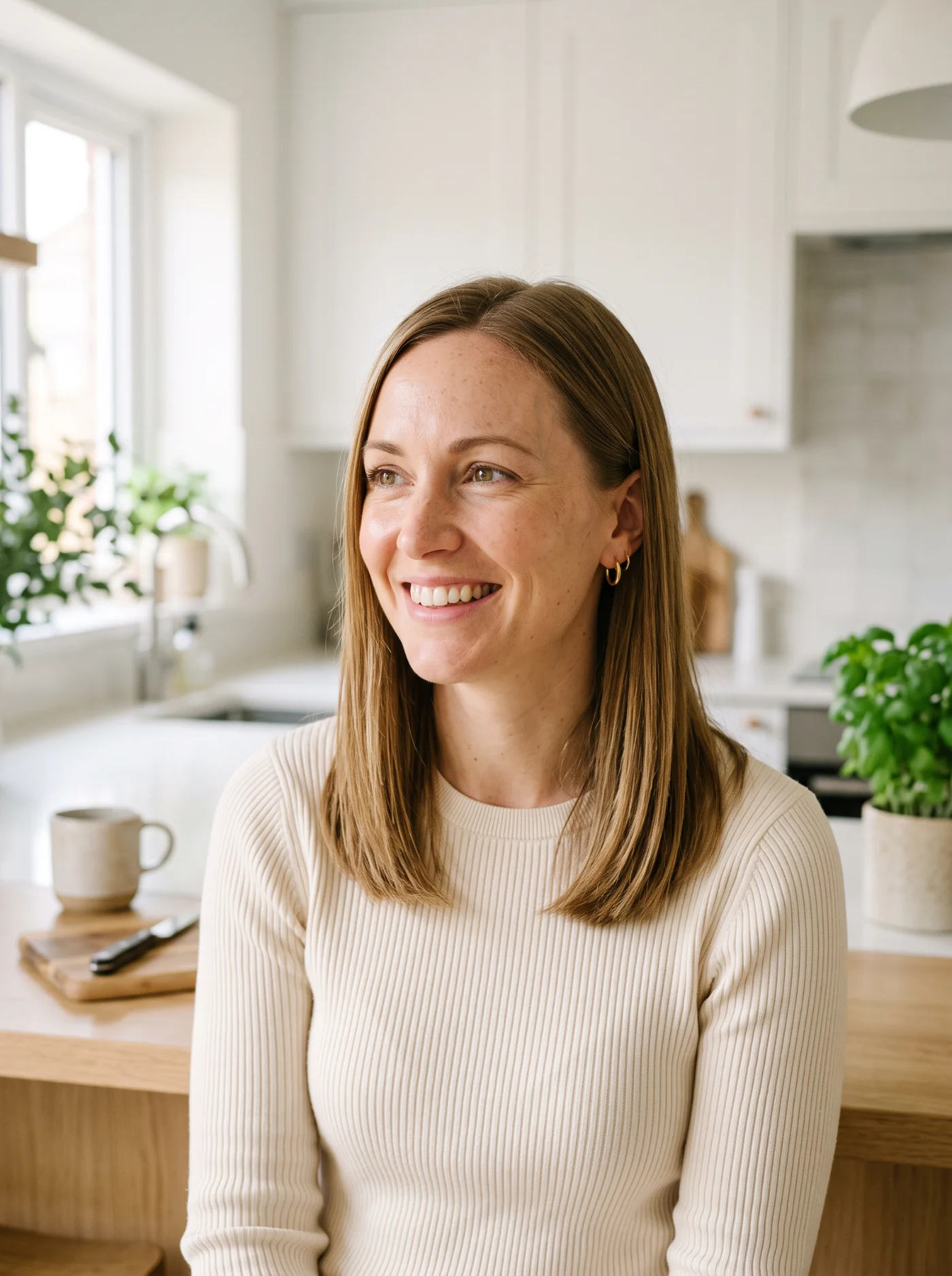 Woman in a modern kitchen, relaxed and content