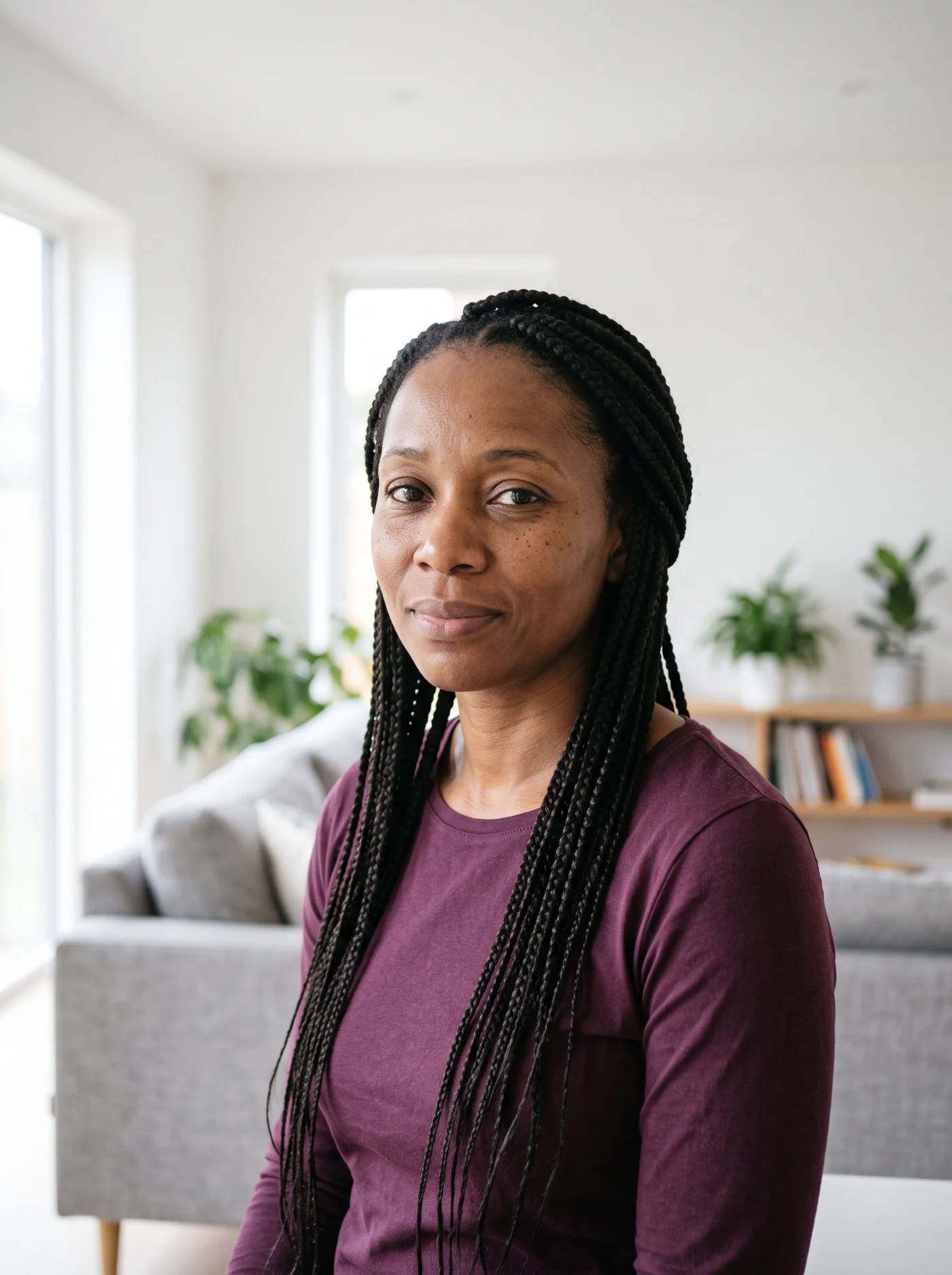 Black woman with box braids, composed and quietly weary