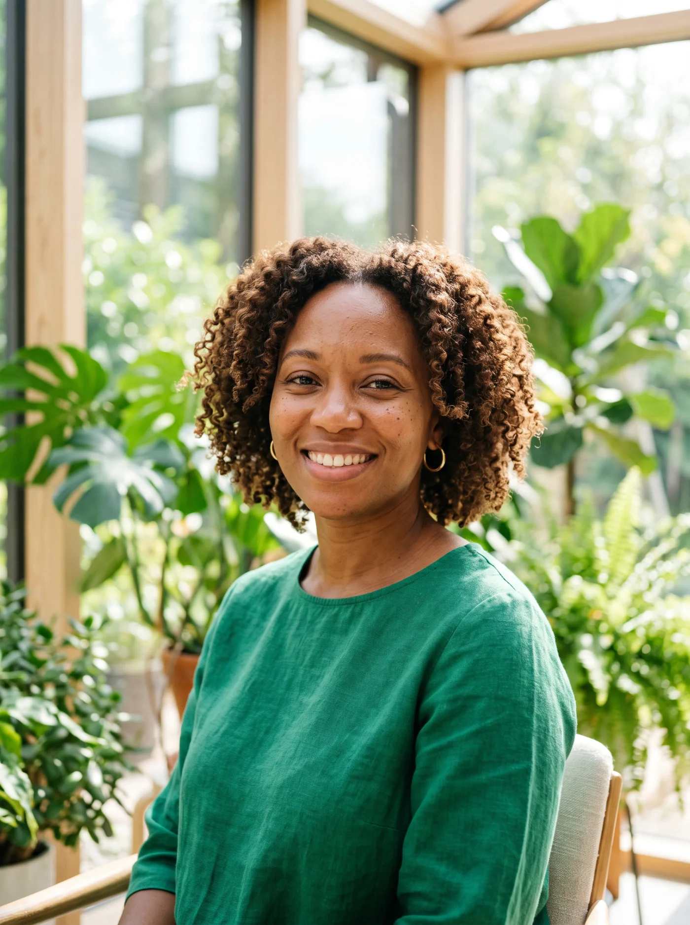 Black woman in a modern sunroom, hopeful and at peace