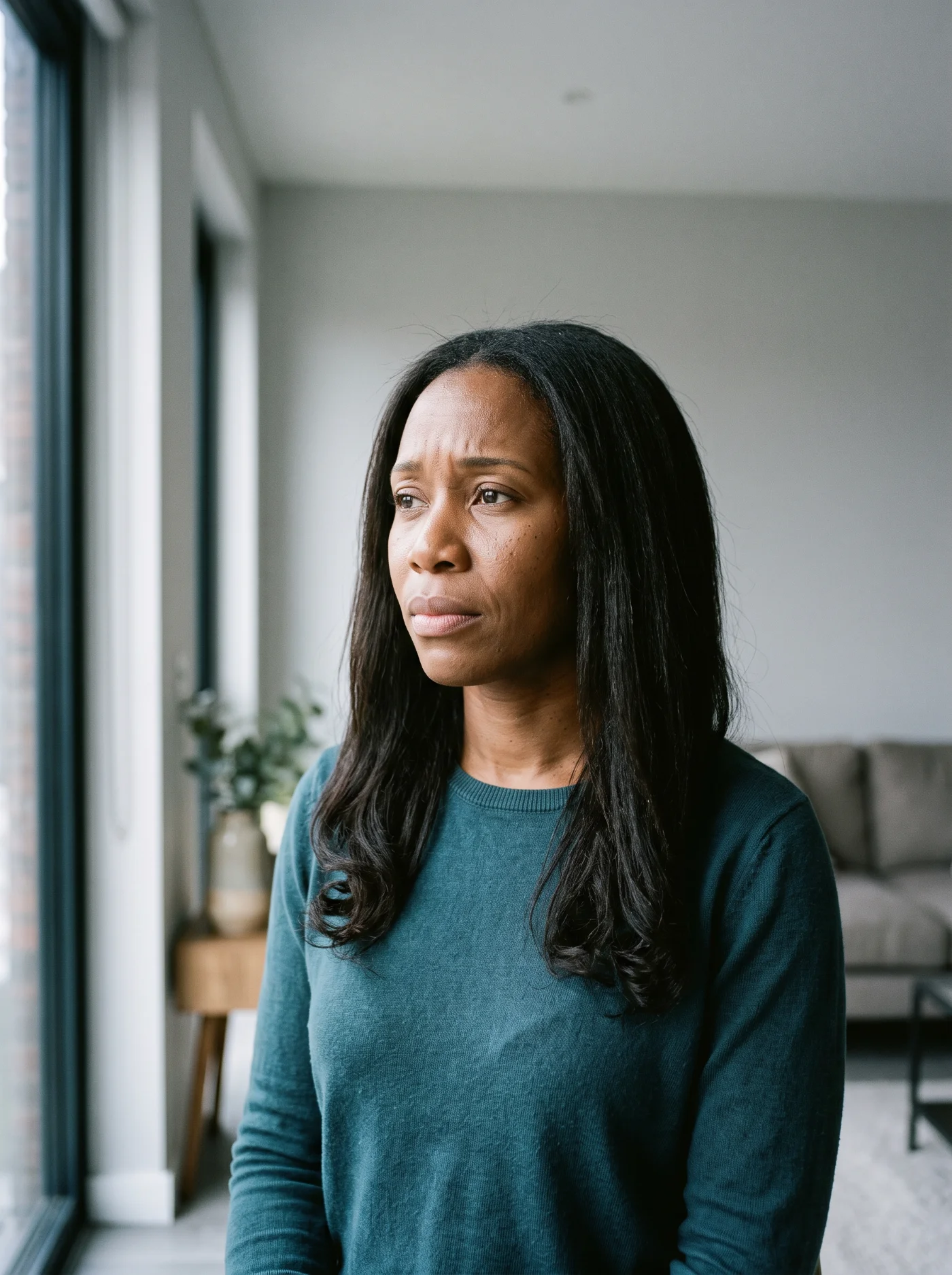 Woman with long straight hair, quietly anxious and pensive by a window