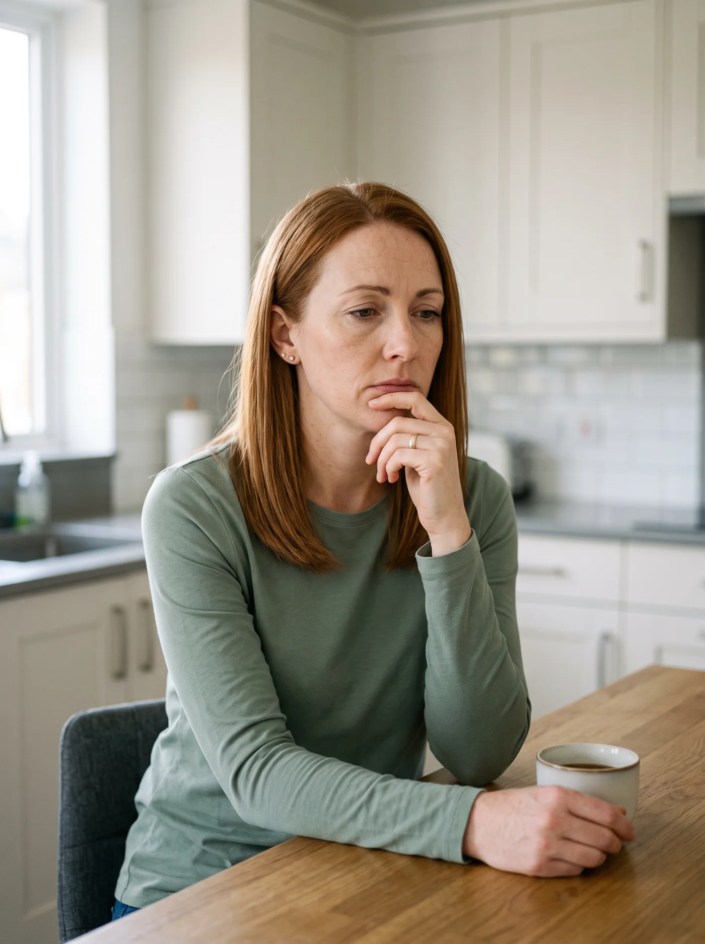 White woman with auburn hair, tired and reflective in a modern kitchen