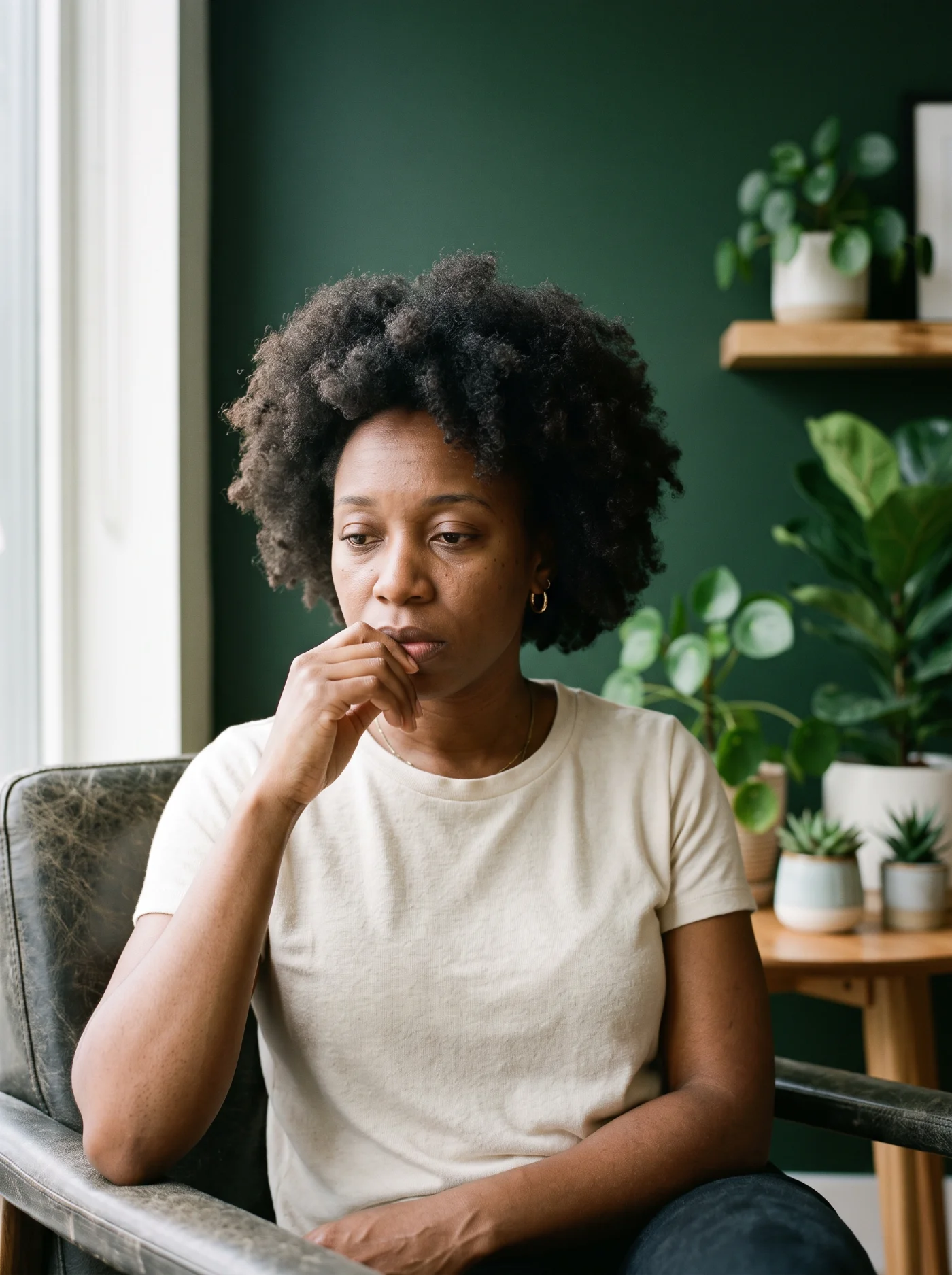 Black woman with a curly afro, pensive and self-doubting in a modern room